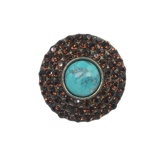 Genuine Turquoise Bold Statement Ring w/ Amber-Color Rhinestones – Size 7 - Picture 3 of 5